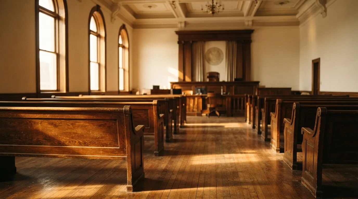 An empty courtroom with wooden benches in morning light