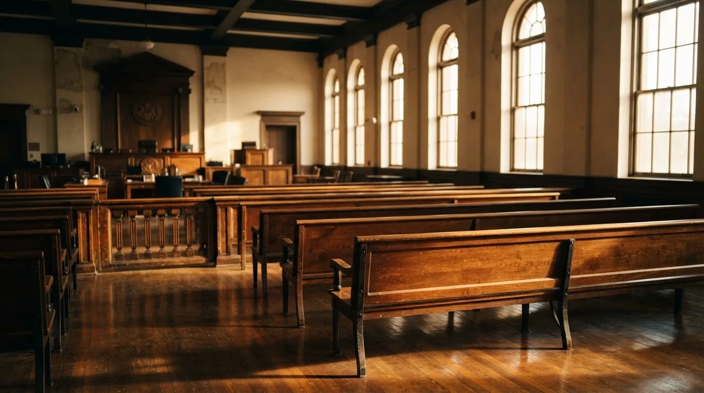 An empty courtroom with wooden benches in morning light