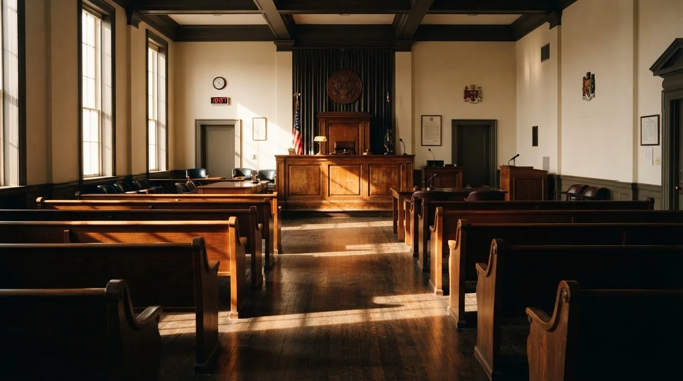 An empty courtroom with wooden benches in morning light