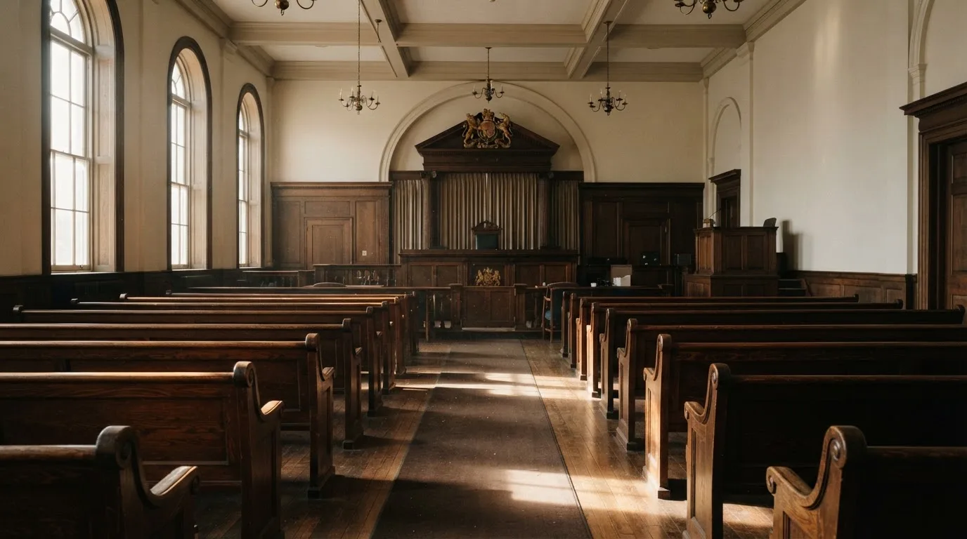 An empty courtroom with wooden benches in morning light