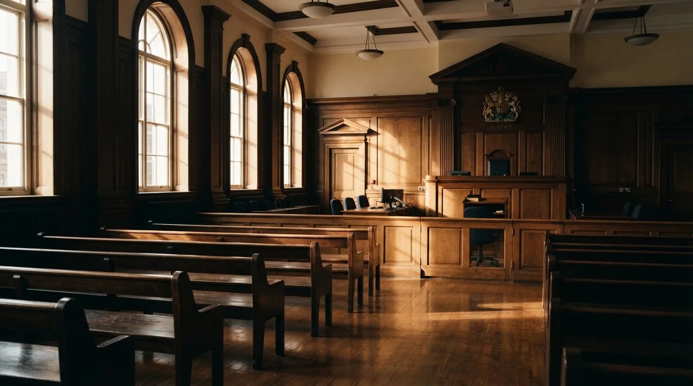 An empty courtroom with wooden benches in morning light