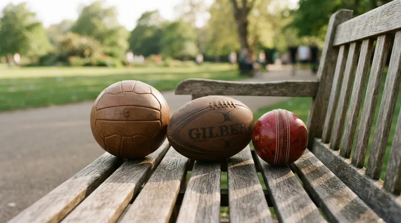 Three balls of different kinds side by side on a wooden bench