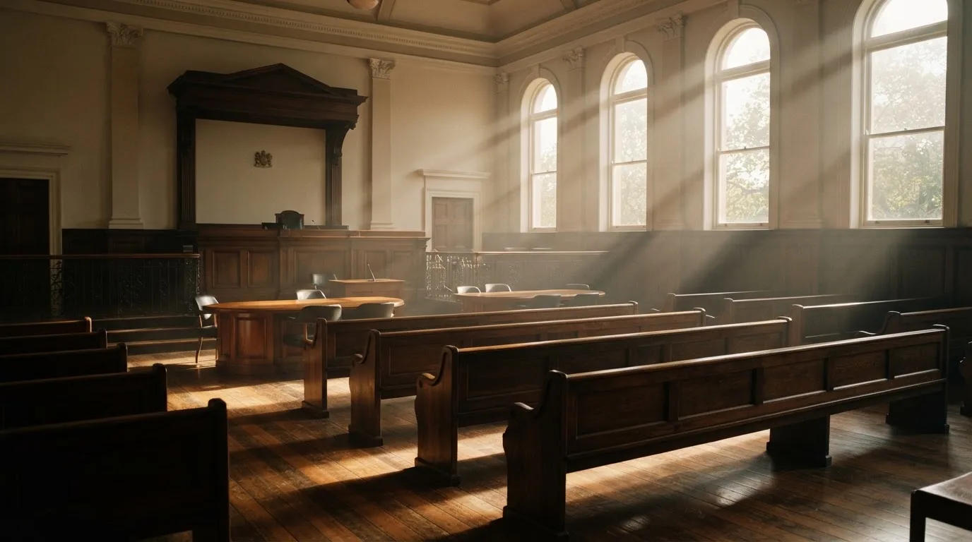 An empty courtroom with wooden benches in morning light