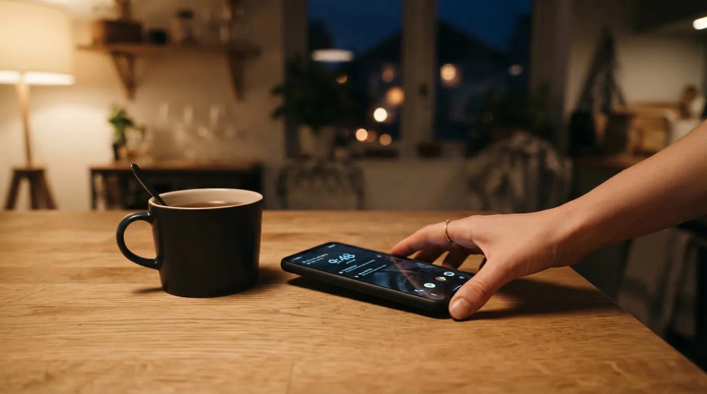 A hand setting a smartphone down beside a cup of tea on a kitchen table on a quiet evening