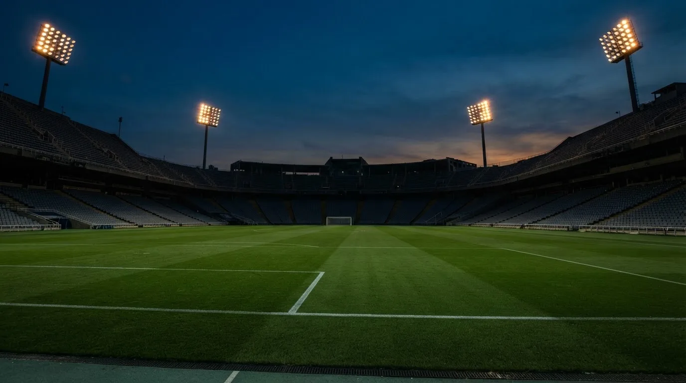 An empty football stadium with floodlight masts at dusk