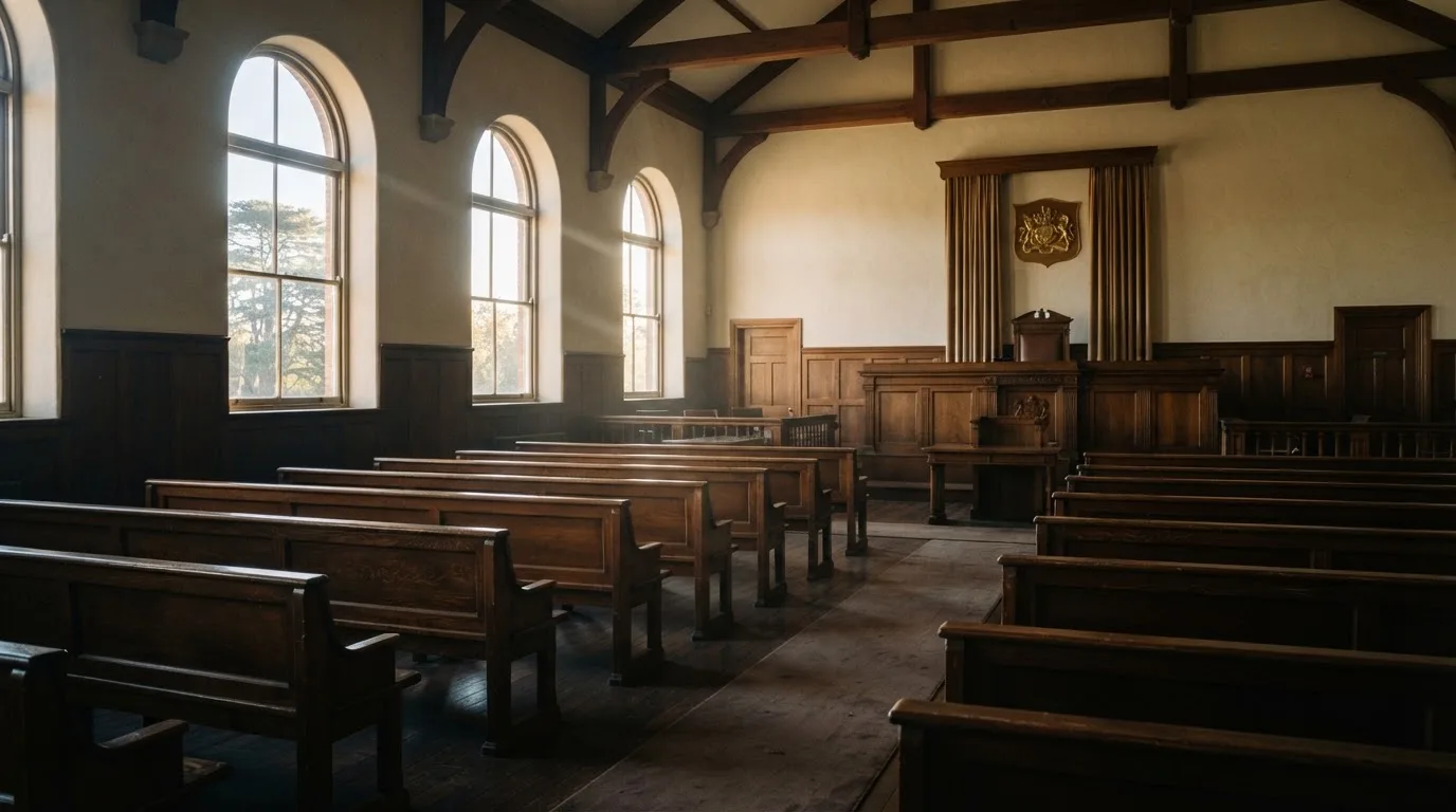 An empty courtroom with wooden benches in morning light