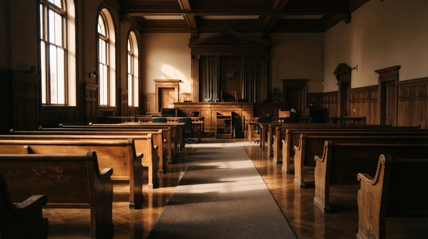 An empty courtroom with wooden benches in morning light